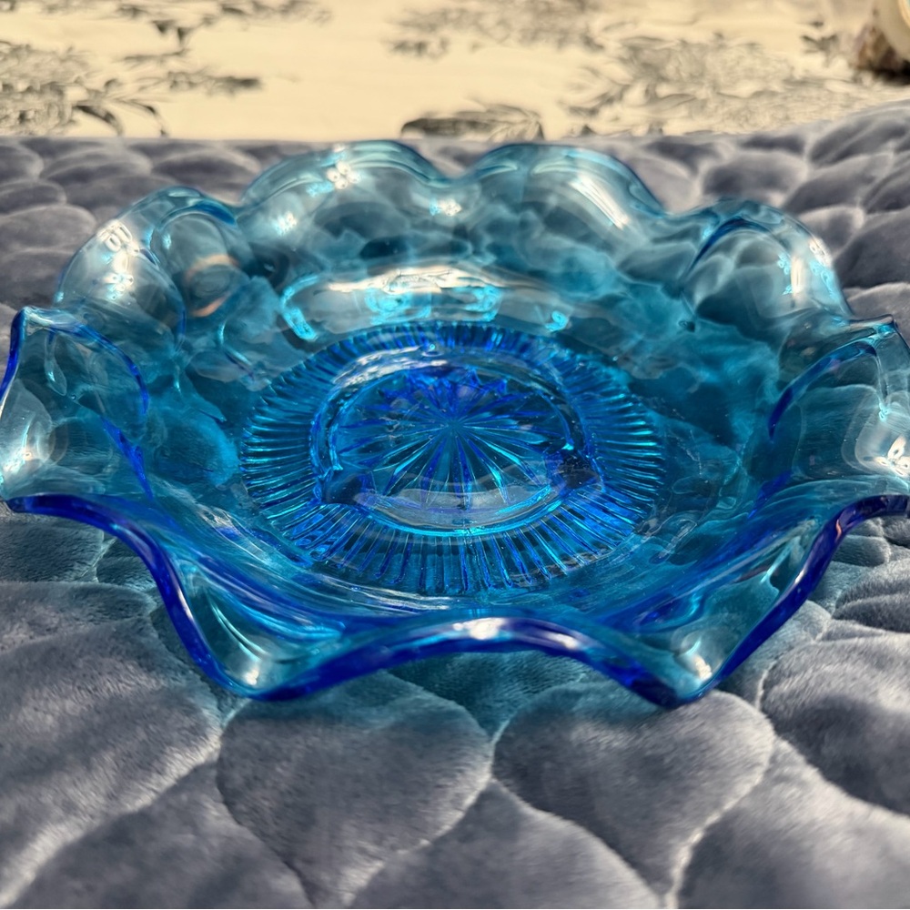 Vintage blue wavy glass delicate fruit bowl